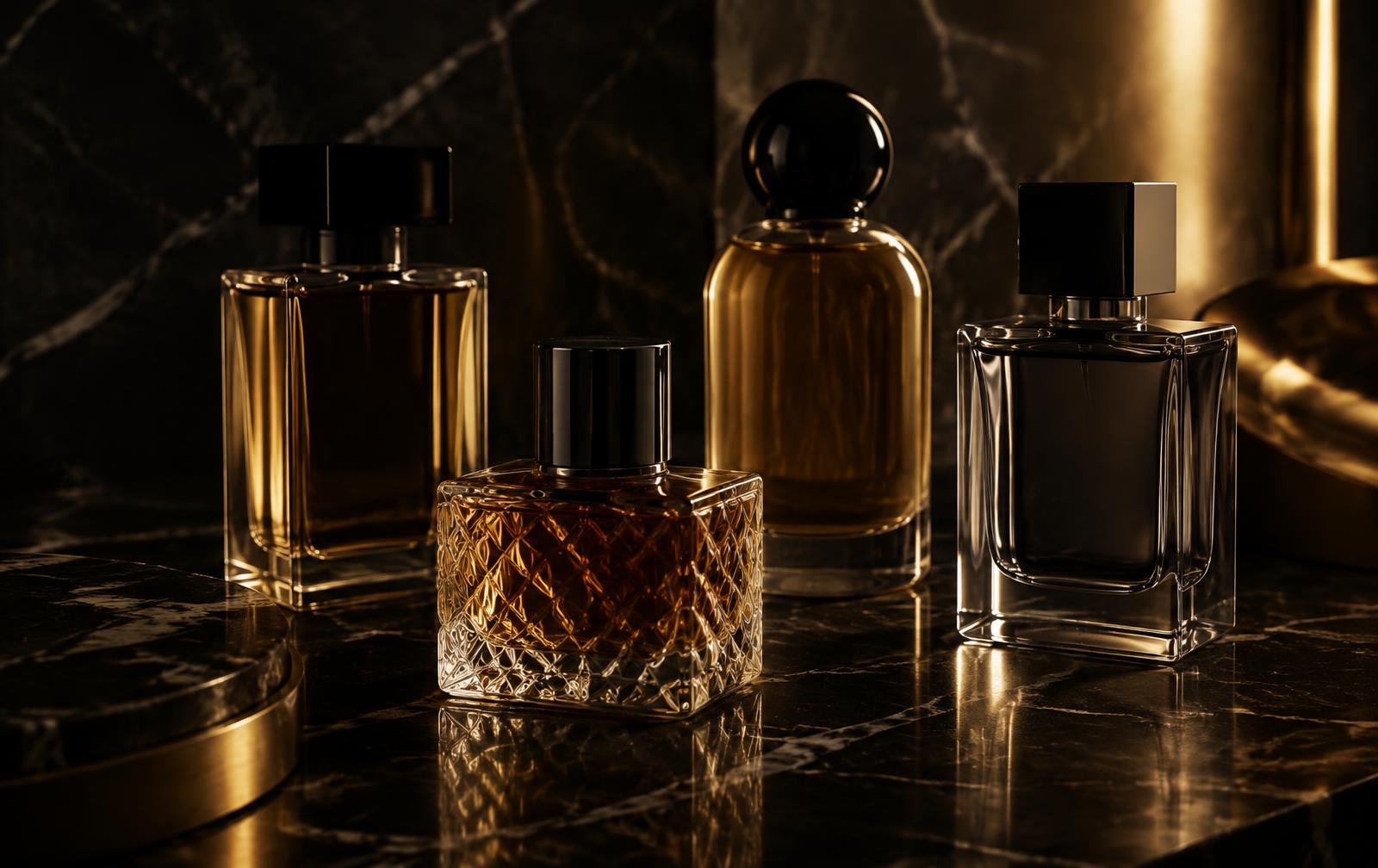 Luxury cologne bottles on black marble